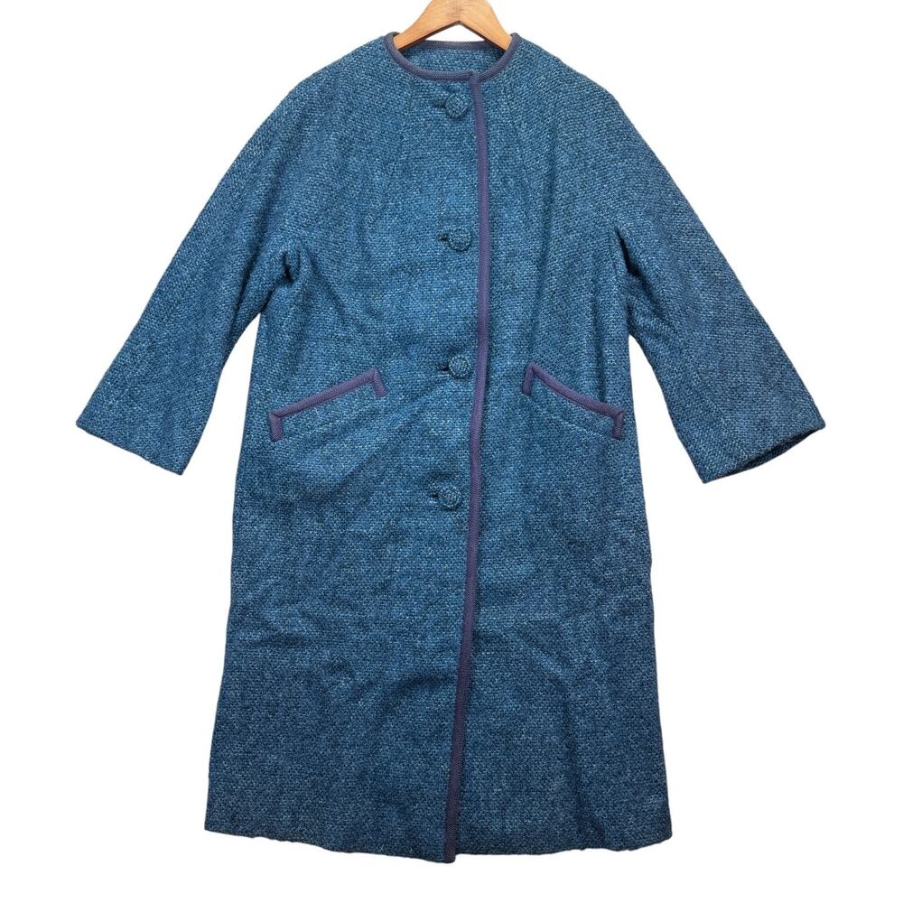 Vintage 60s 70s Union Made Fenway Mink Collar Tweed Blue Trench Coat M/L